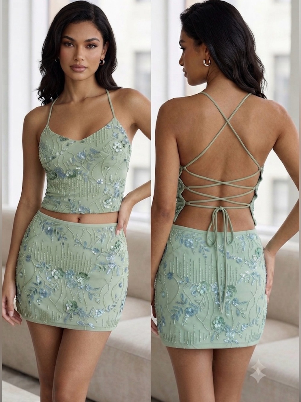 Yeenily Beaded Abercrombie look alike soft Green sage Two-Piece set!